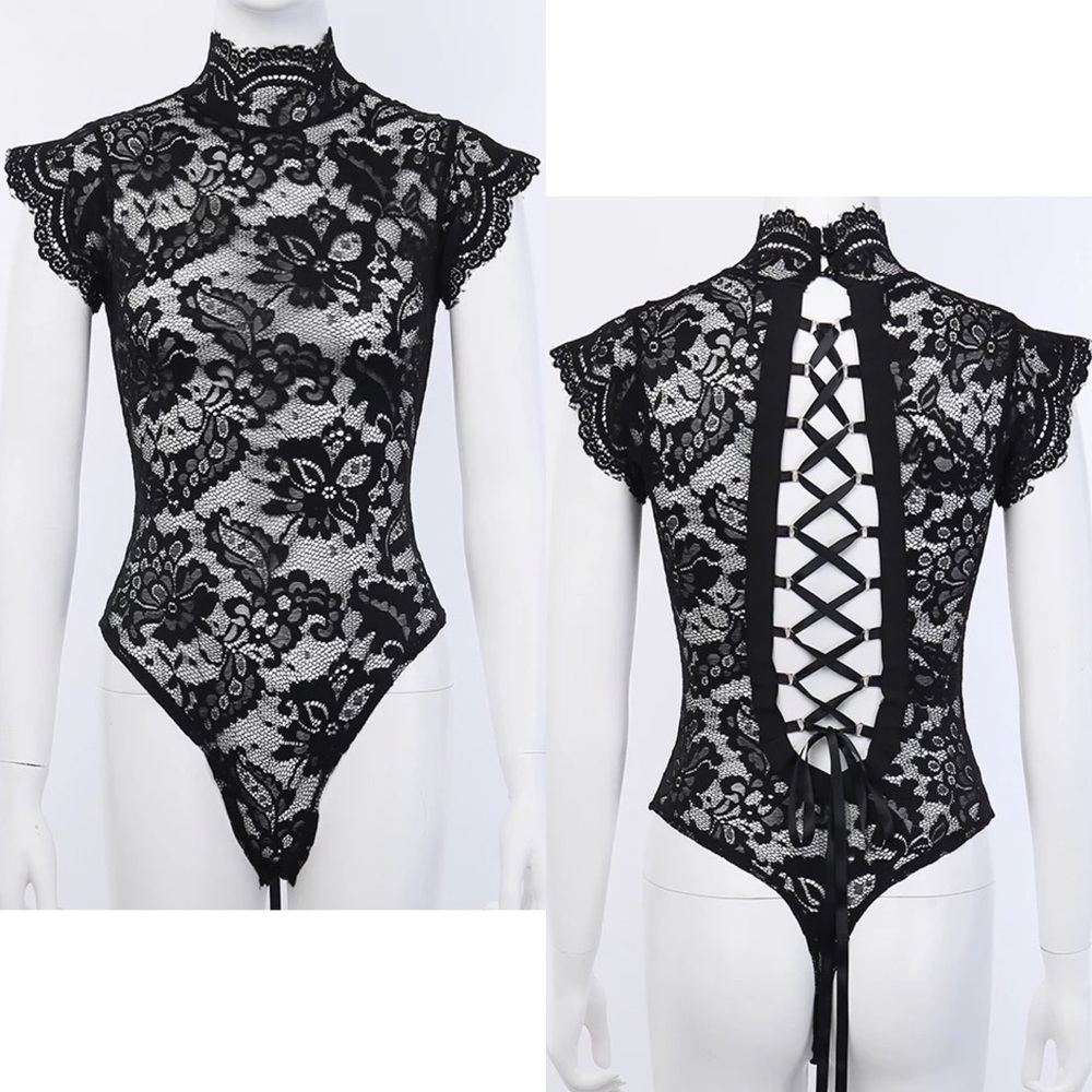 Sexy Black Lace High Neck Corset Back Bodysuit - Picture 8 of 16